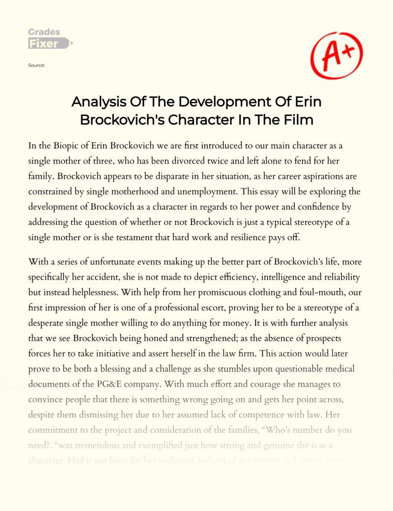 Analysis of The Development of Erin Brockovich's Character in The Film Essay