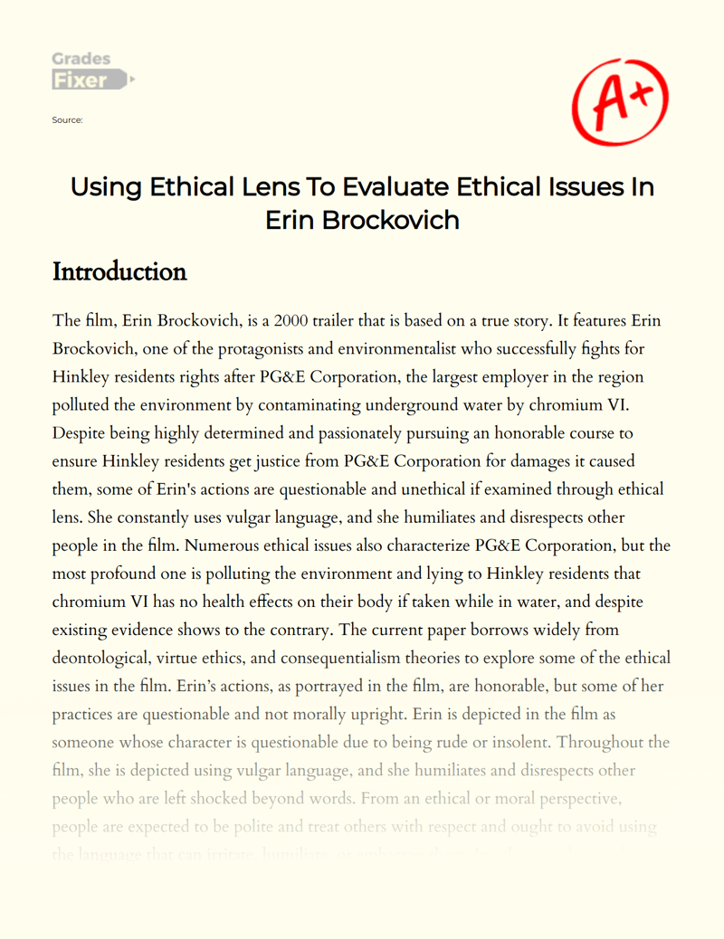 Using Ethical Lens to Evaluate Ethical Issues in Erin Brockovich Essay