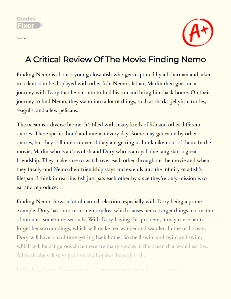 A Critical Review of The Movie Finding Nemo Essay