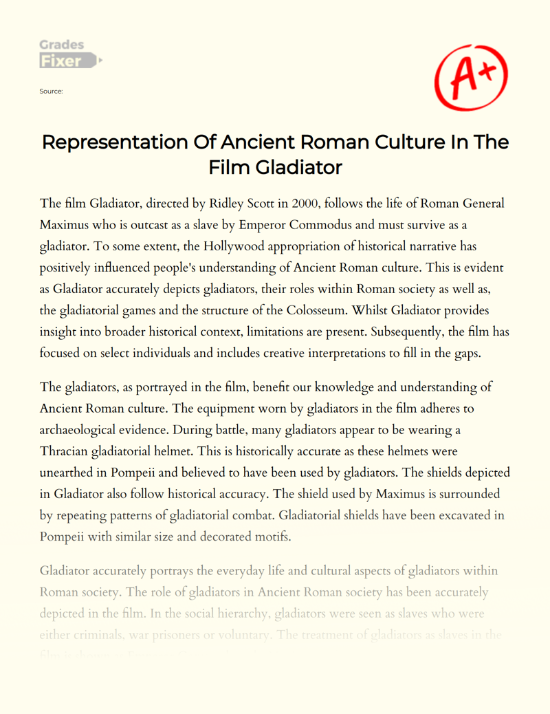 Representation of Ancient Roman Culture in The Film Gladiator Essay