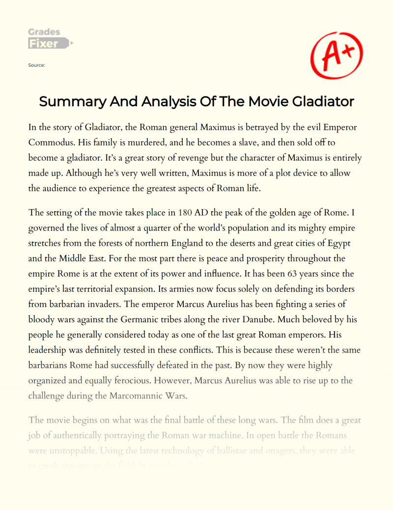 Summary and Analysis of The Movie Gladiator Essay