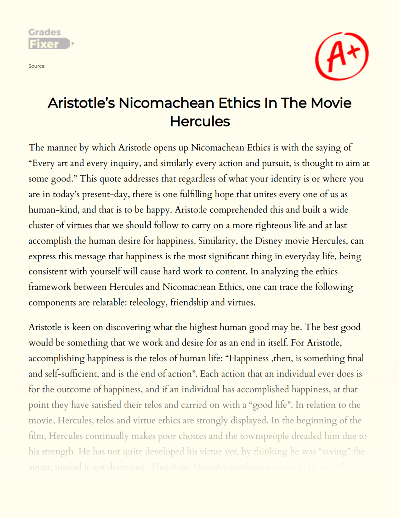 Aristotle’s Nicomachean Ethics in The Movie Hercules Essay
