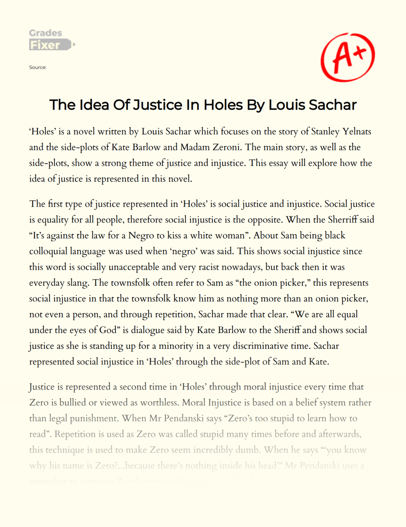 The Idea of Justice in Holes by Louis Sachar Essay
