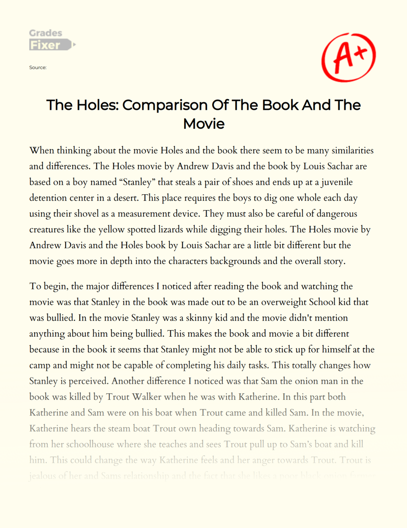 The Holes: Comparison of The Book and The Movie Essay