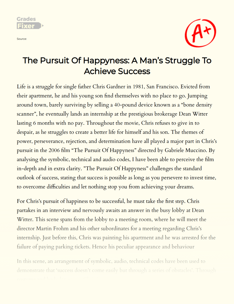 The Pursuit of Happyness: a Man’s Struggle to Achieve Success Essay