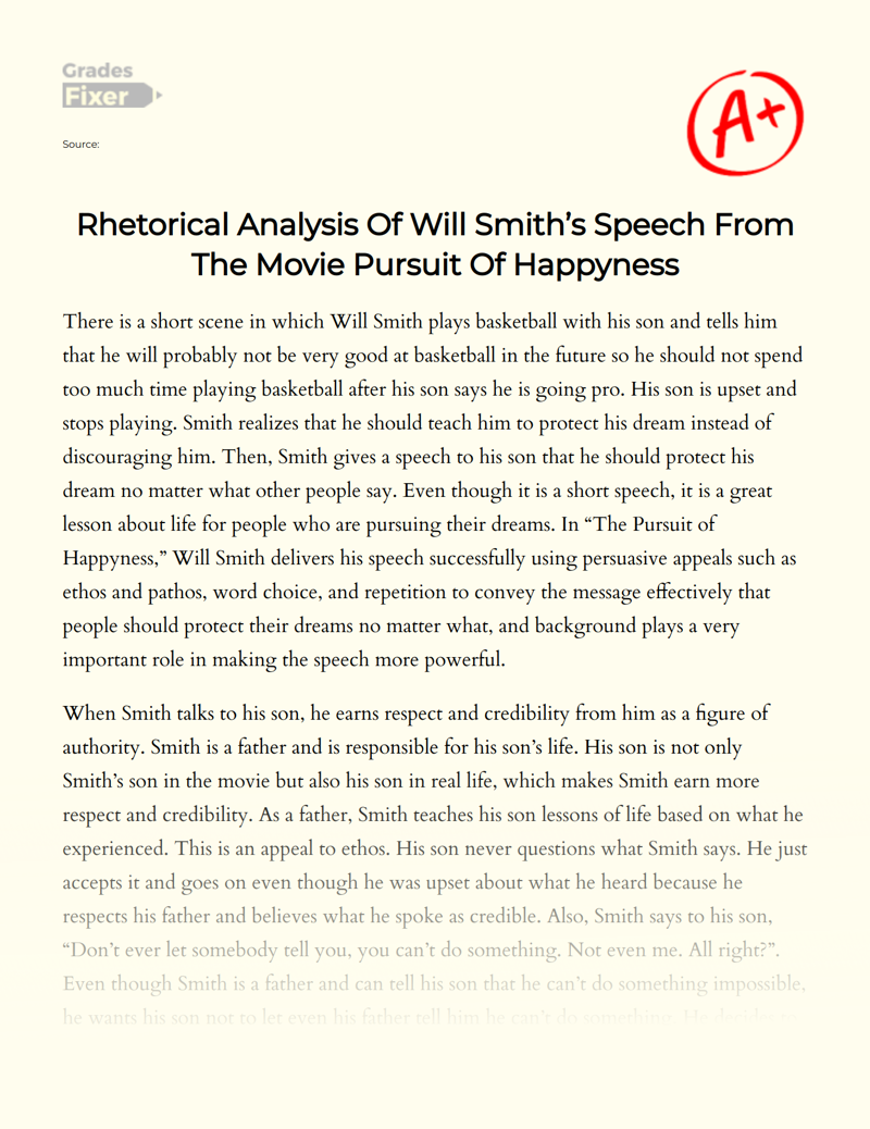 Rhetorical Analysis of Will Smith’s Speech from The Movie Pursuit of Happyness Essay