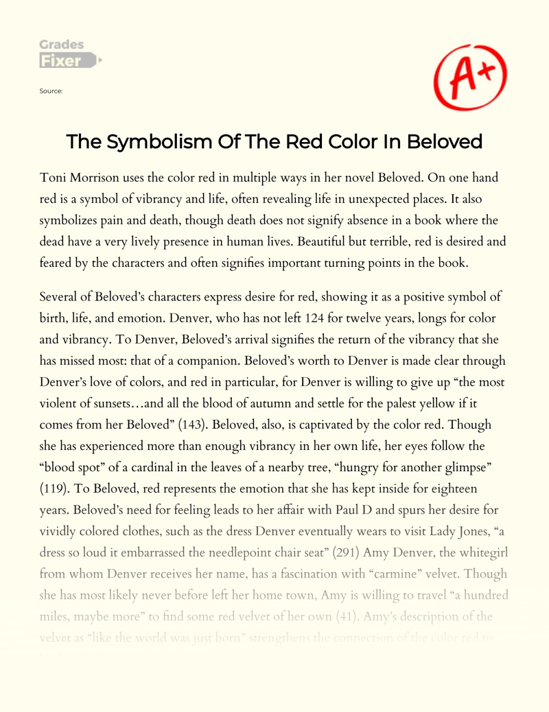 The Symbolism Of The Red Color In Beloved Essay Example 1005 Words Gradesfixer