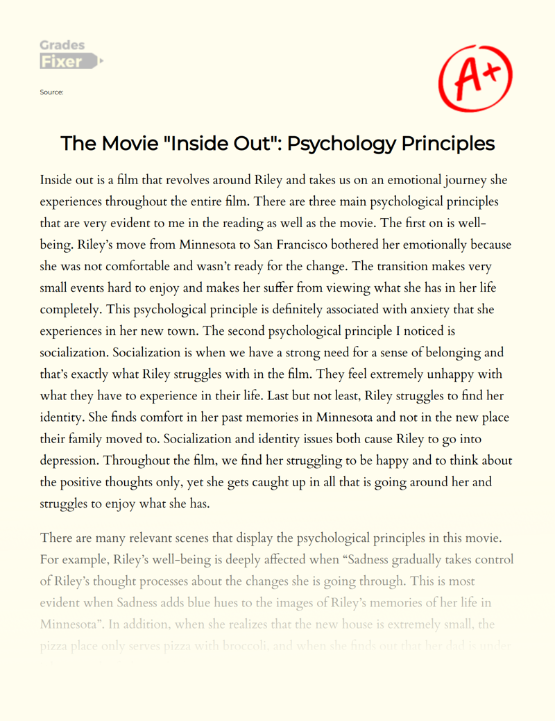 The Movie "Inside Out": Psychology Principles Essay