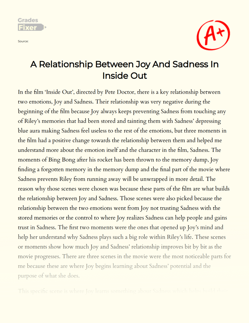 A Relationship Between Joy and Sadness in Inside Out Essay