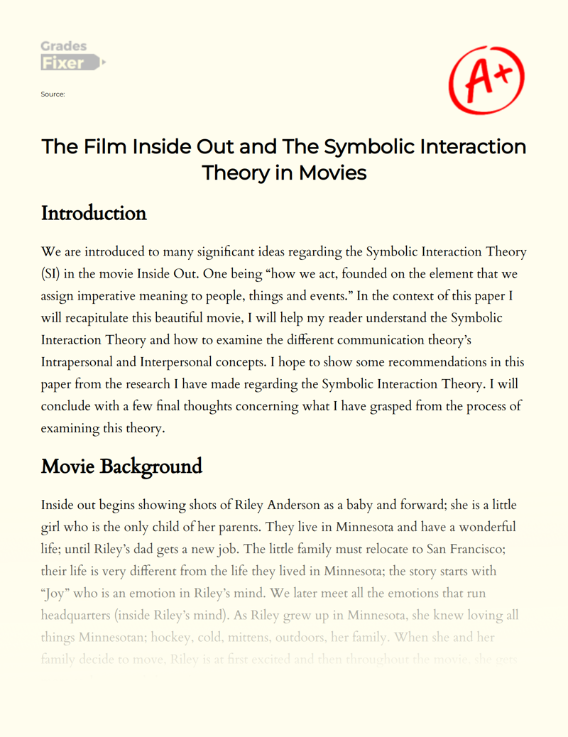 The Film Inside Out and The Symbolic Interaction Theory in Movies Essay