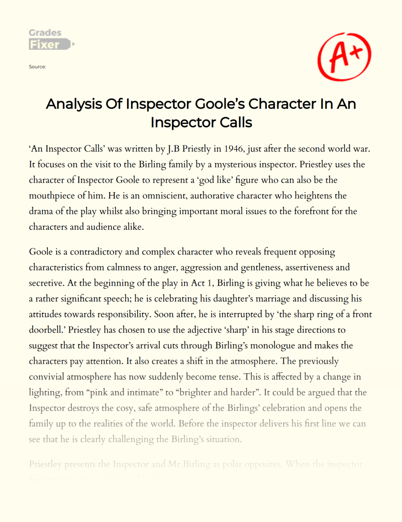Analysis of Inspector Goole’s Character in an Inspector Calls Essay