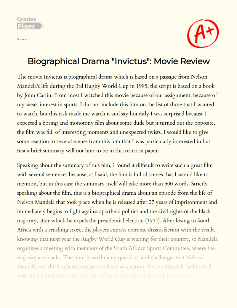 Biographical Drama "Invictus": Movie Review Essay