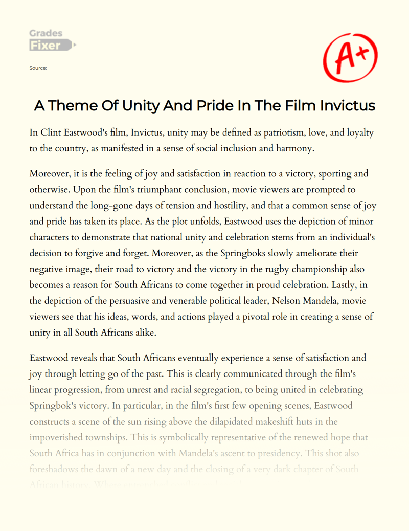 A Theme of Unity and Pride in The Film Invictus Essay