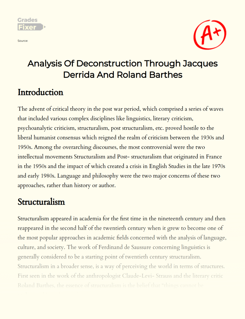 Analysis of Deconstruction Through Jacques Derrida and Roland Barthes Essay