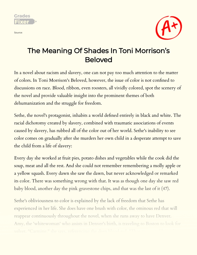 The Meaning of Shades in Toni Morrison’s "Beloved" Essay