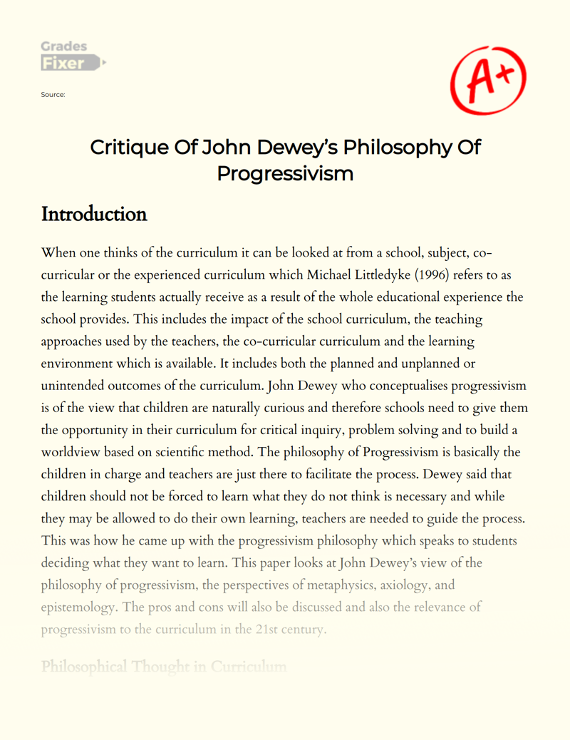 Critique of John Dewey’s Philosophy of Progressivism Essay