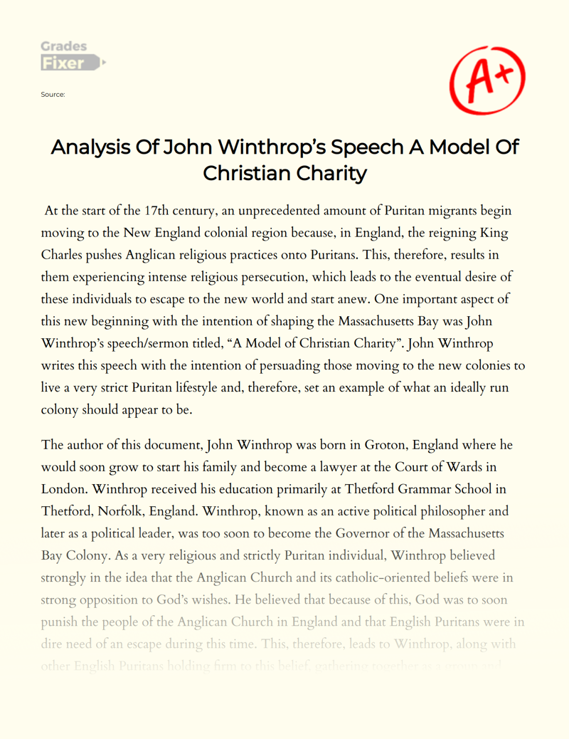 Analysis of John Winthrop’s Speech a Model of Christian Charity Essay