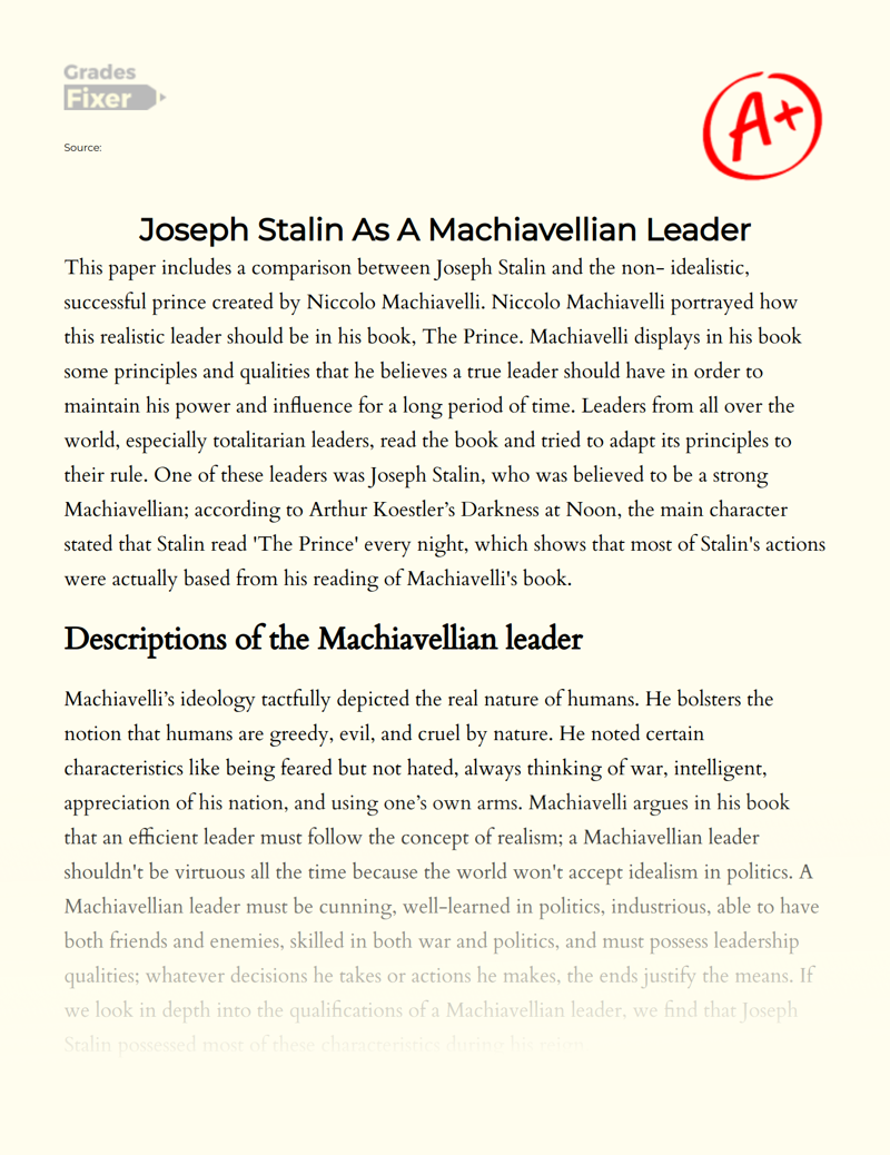 Joseph Stalin as a Machiavellian Leader Essay