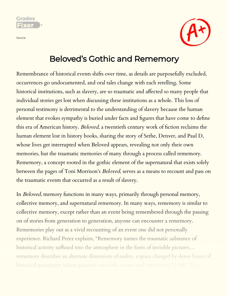 Beloved S Gothic And Rememory Essay Example 1787 Words Gradesfixer
