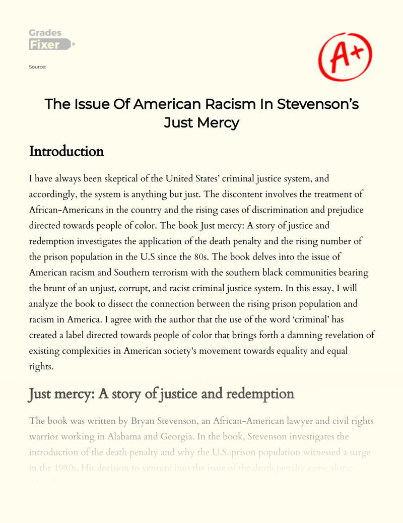 The Issue of American Racism in Stevenson’s Just Mercy Essay