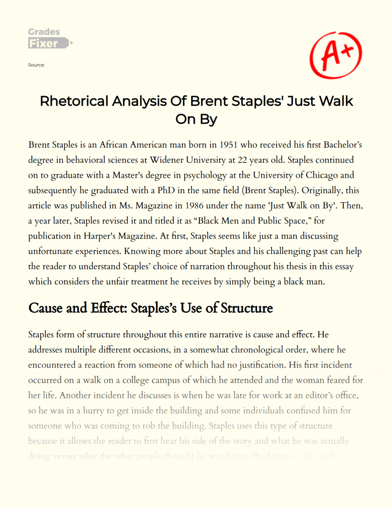 Rhetorical Analysis of Brent Staples' Just Walk on by Essay