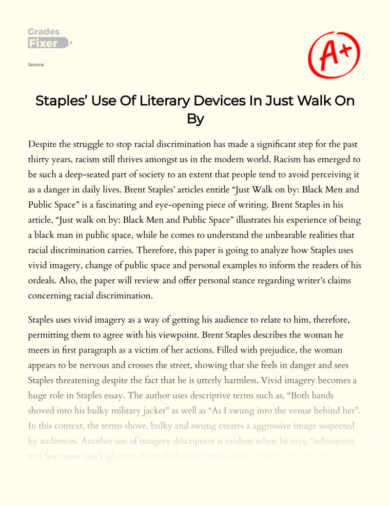 Staples’ Use of Literary Devices in Just Walk on by Essay
