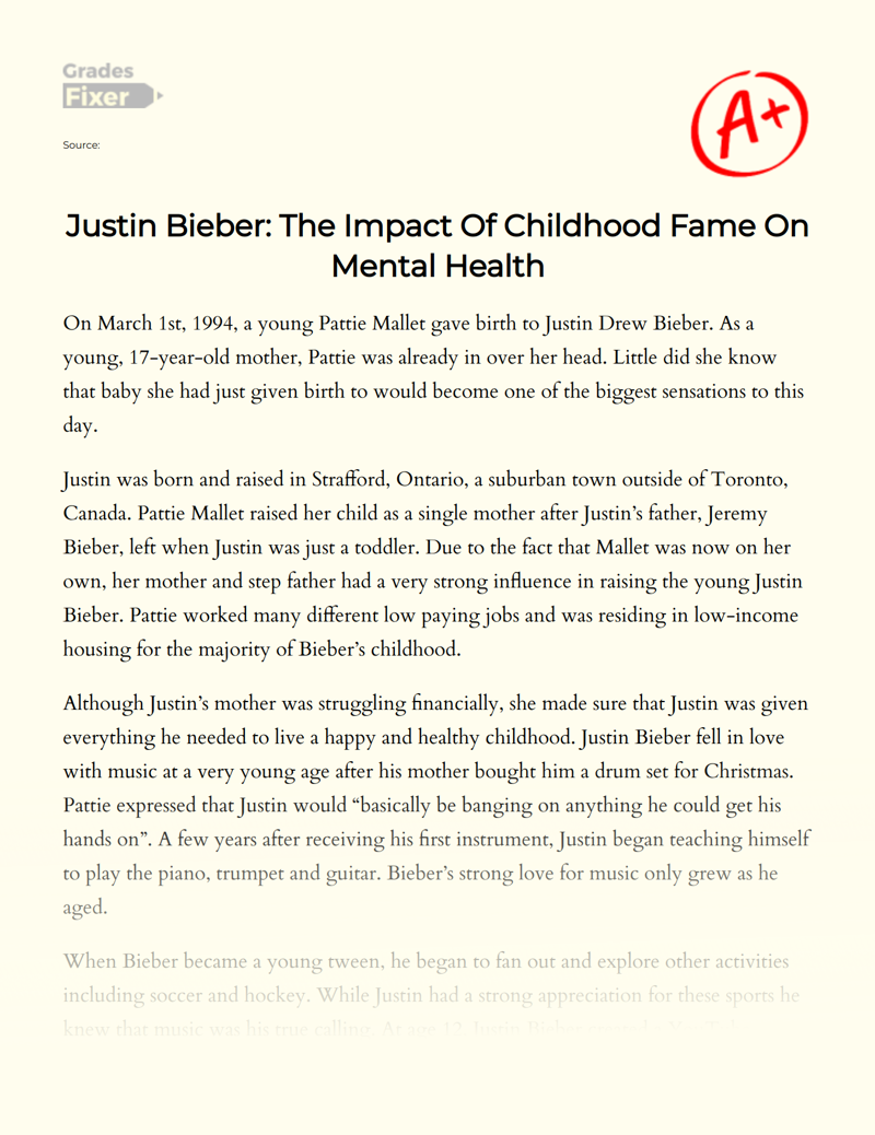 Justin Bieber: The Impact of Childhood Fame on Mental Health Essay