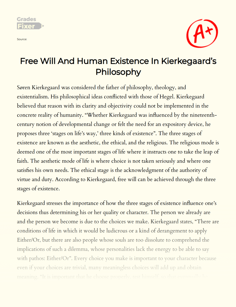 Free Will and Human Existence in Kierkegaard’s Philosophy Essay