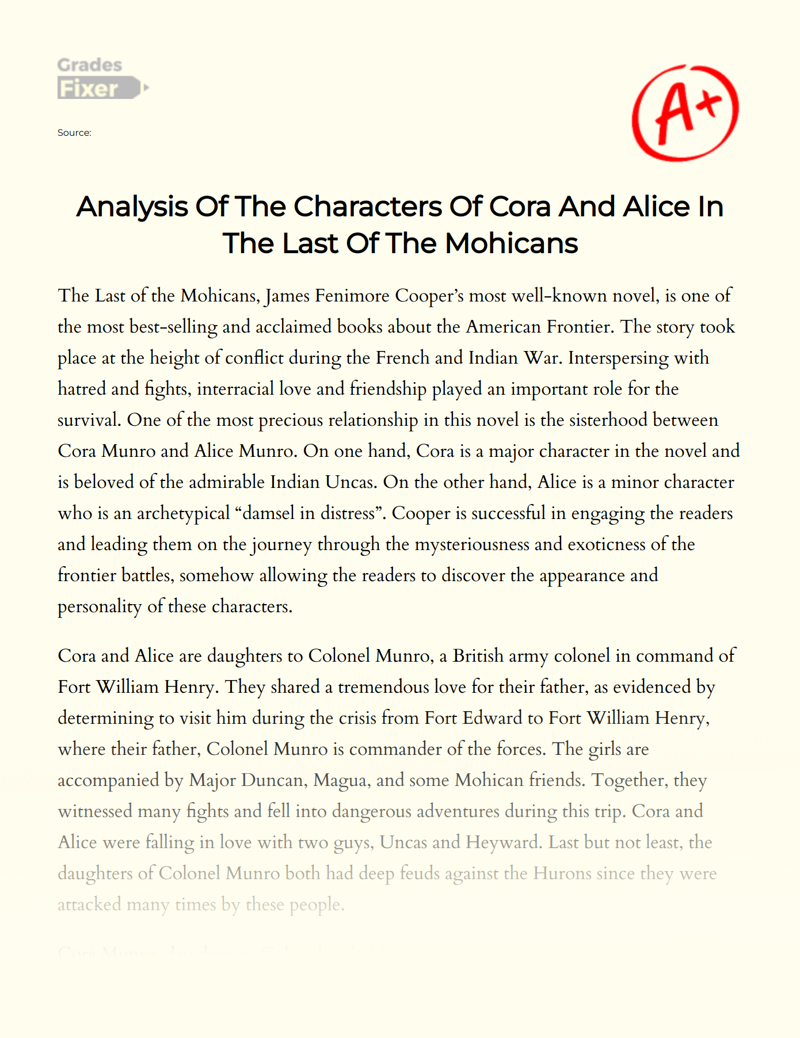 Analysis of The Characters of Cora and Alice in The Last of The Mohicans Essay