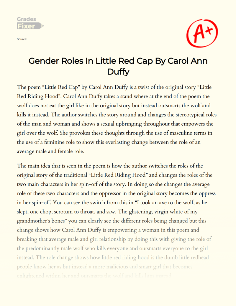 Gender Roles in Little Red Cap by Carol Ann Duffy Essay
