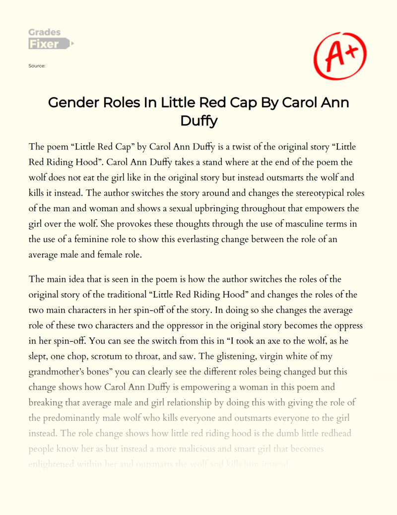 Gender Roles In Little Red Cap By Carol Ann Duffy Essay Example 905 