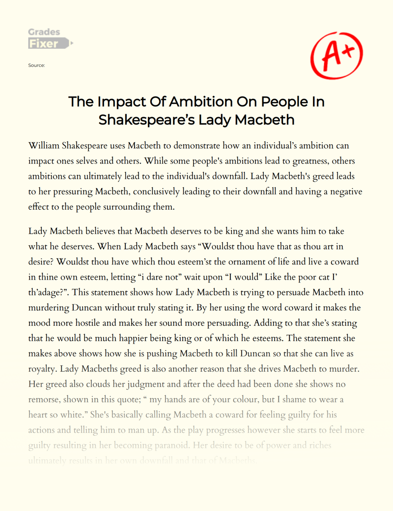 The Impact of Ambition on People in Shakespeare’s Lady Macbeth Essay