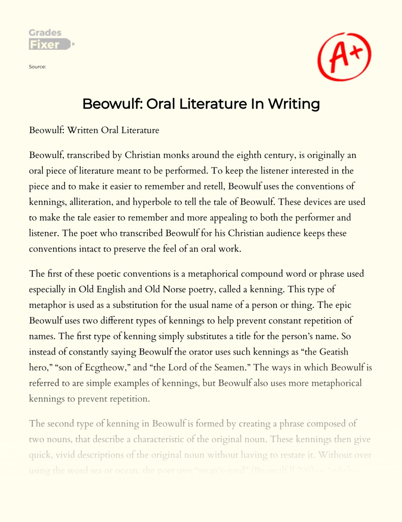 Beowulf: Oral Literature in Writing Essay