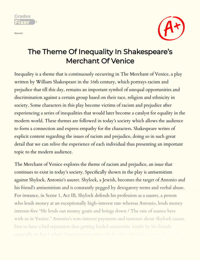 The Theme of Inequality in Shakespeare’s Merchant of Venice Essay