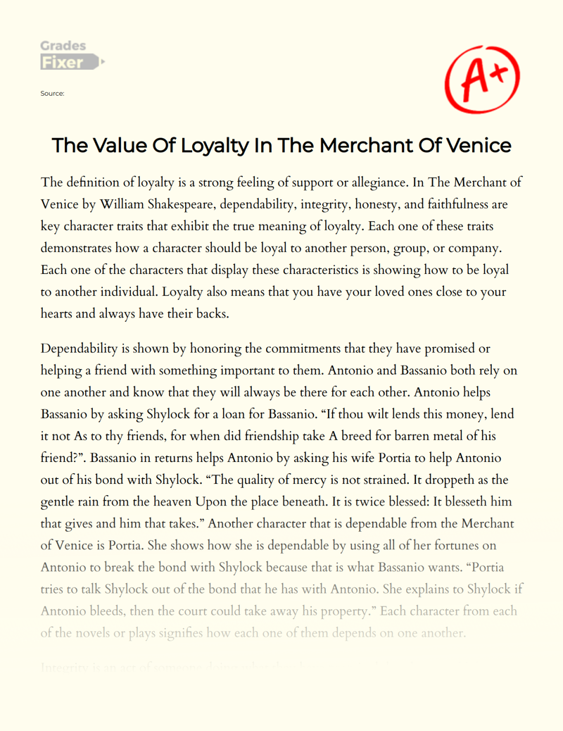 The Value of Loyalty in The Merchant of Venice Essay