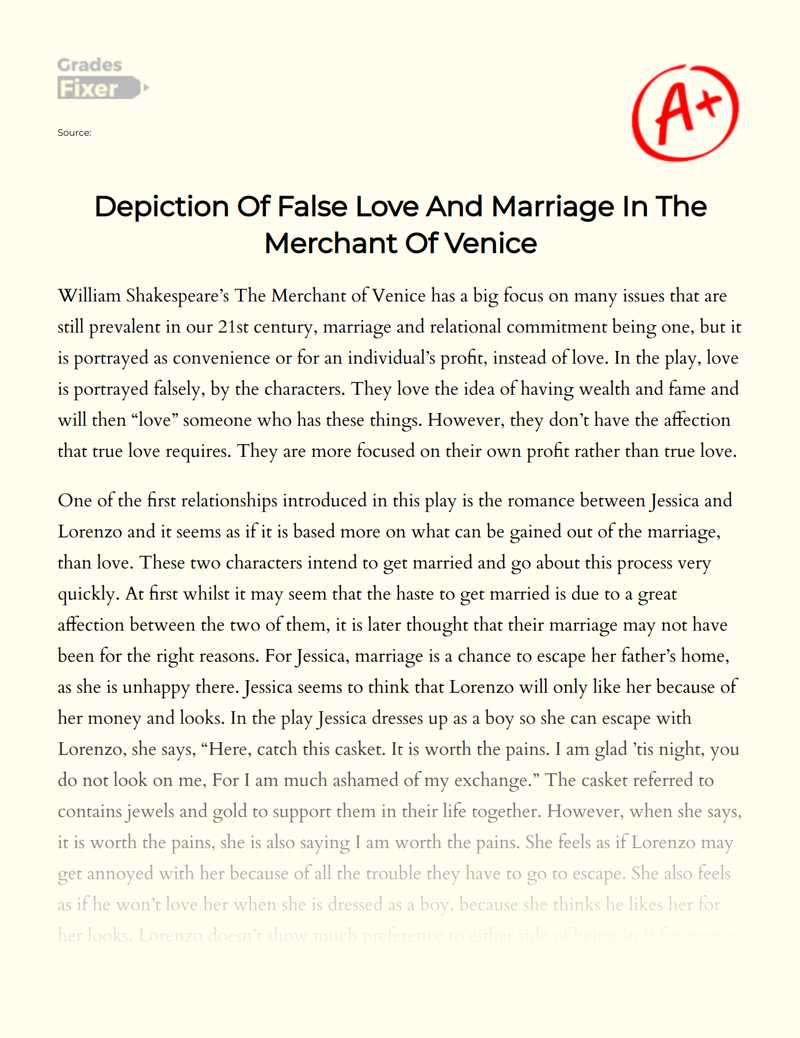 Depiction of False Love and Marriage in The Merchant of Venice Essay