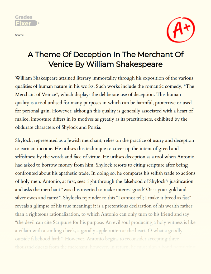 A Theme of Deception in The Merchant of Venice by William Shakespeare Essay