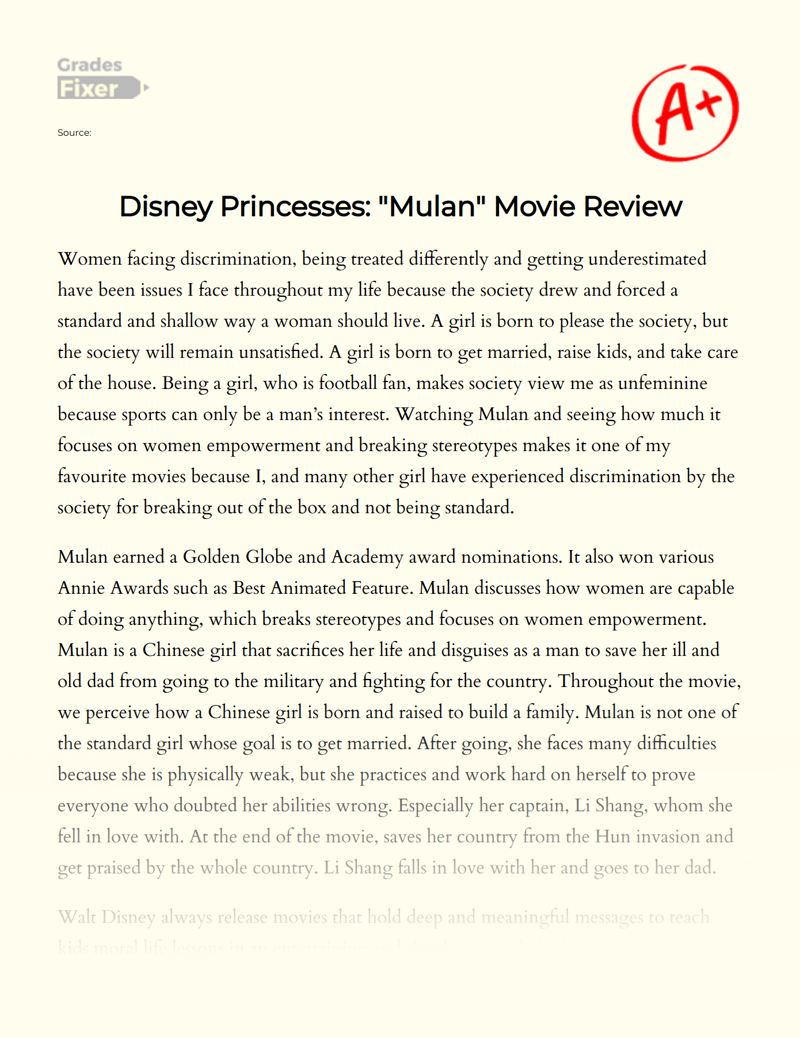 Disney Princesses: "Mulan" Movie Review Essay