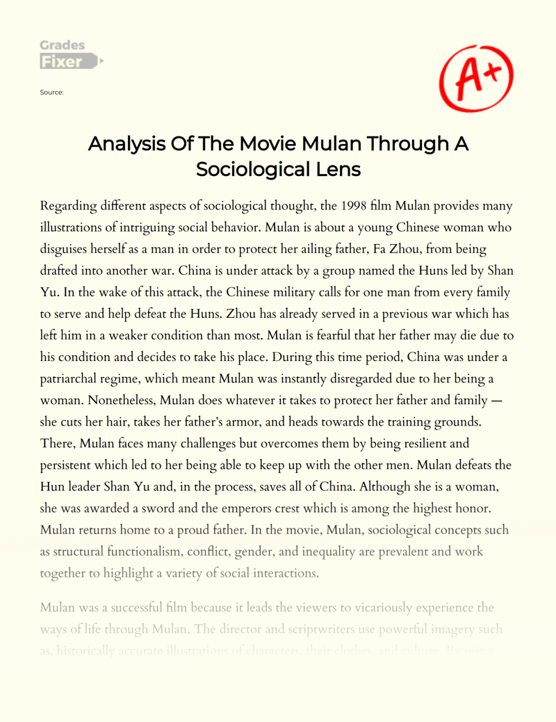 Analysis of The Movie Mulan Through a Sociological Lens Essay