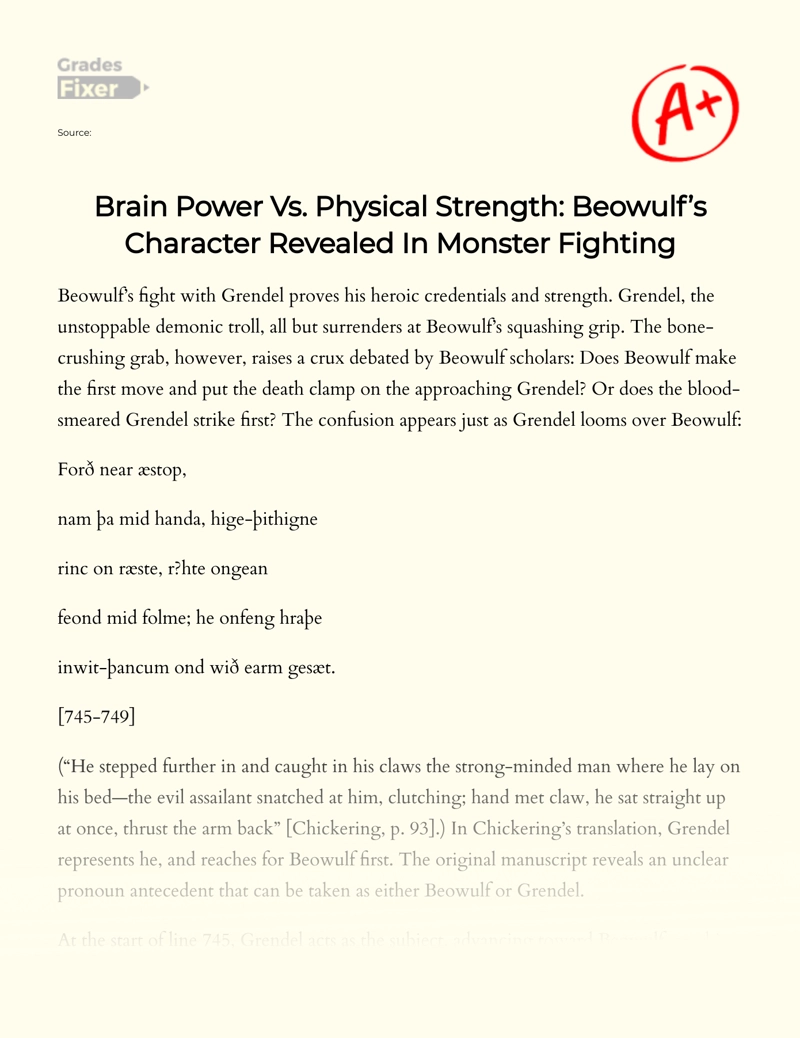 Brain Power Vs. Physical Strength: Beowulf’s Character Revealed in Monster Fighting Essay