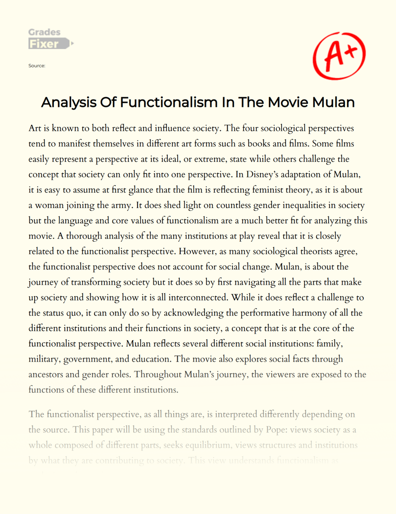 Analysis of Functionalism in The Movie Mulan Essay