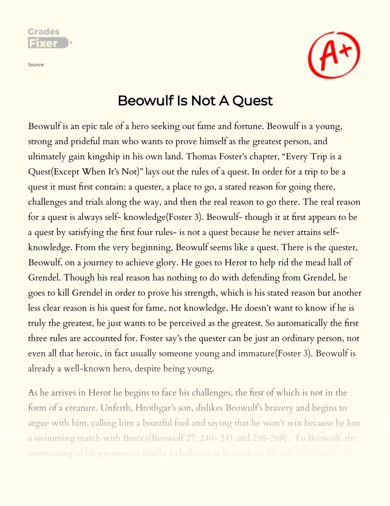 Assessment of The Role of Quest in Beowulf  Essay