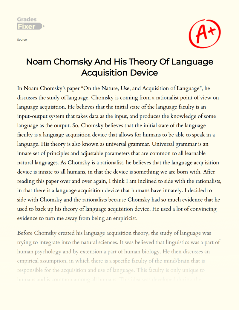 Noam Chomsky and His Theory of Language Acquisition Device Essay