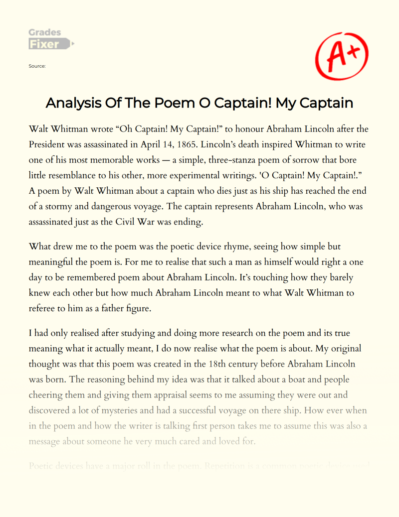 Analysis of The Poem O Captain! My Captain Essay
