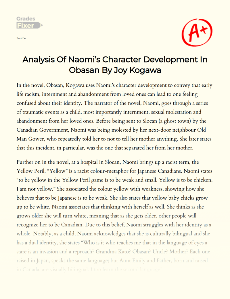 Analysis of Naomi’s Character Development in Obasan by Joy Kogawa Essay