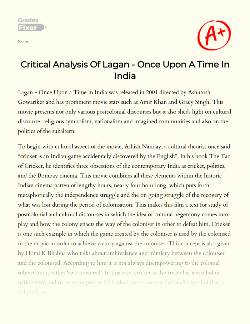 Critical Analysis of Lagan - once Upon a Time in India Essay