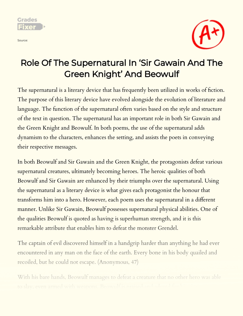 Role of The Supernatural in "Sir Gawain and The Green Knight" and Beowulf essay