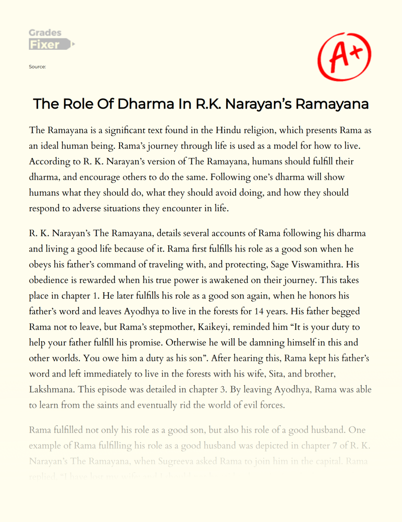 The Role of Dharma in R.k. Narayan’s Ramayana Essay