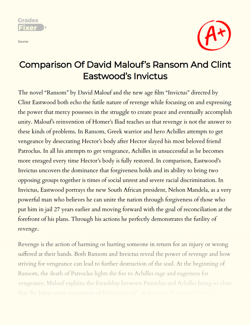 Comparison of David Malouf’s Ransom and Clint Eastwood’s Invictus Essay