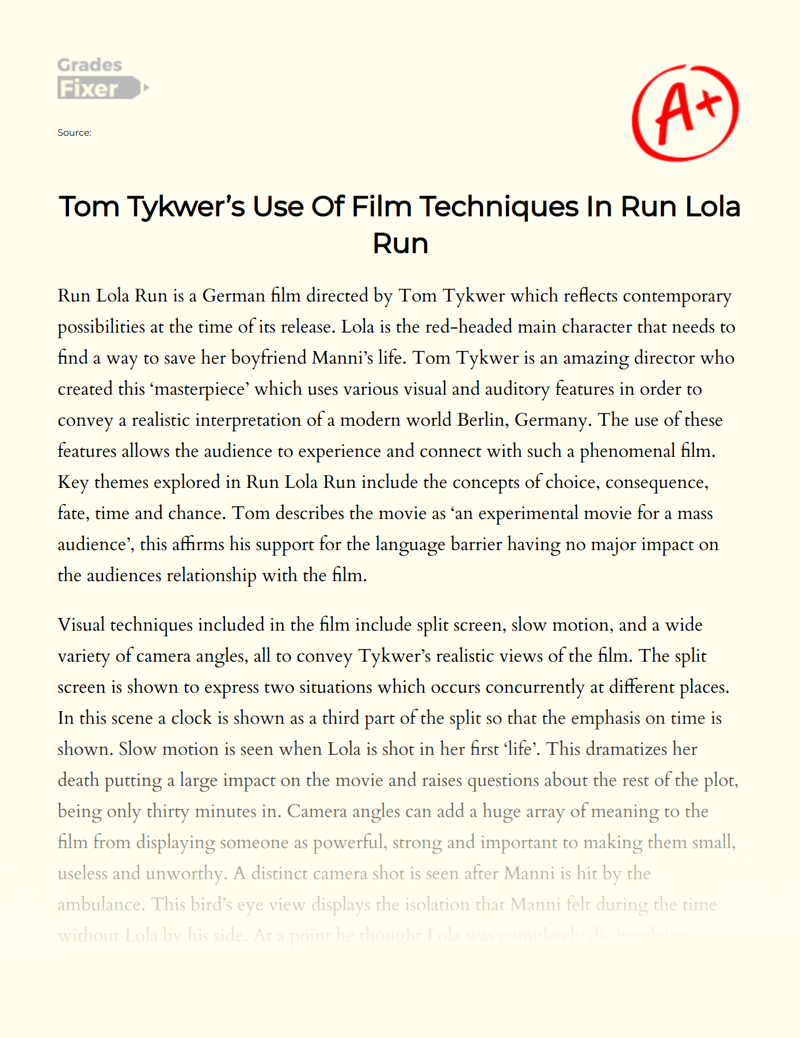 Tom Tykwer’s Use of Film Techniques in Run Lola Run Essay